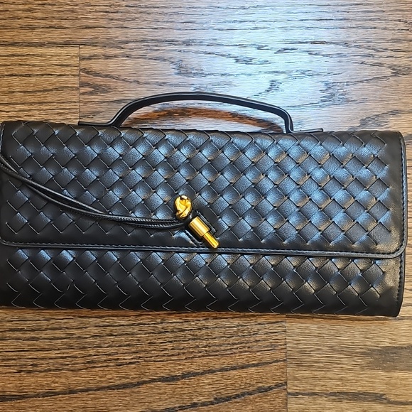 Handbags - Woven Leather Clutch Bag in Black with Gold Accent